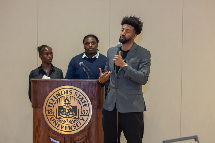 Ernest Crimm III speaking to students